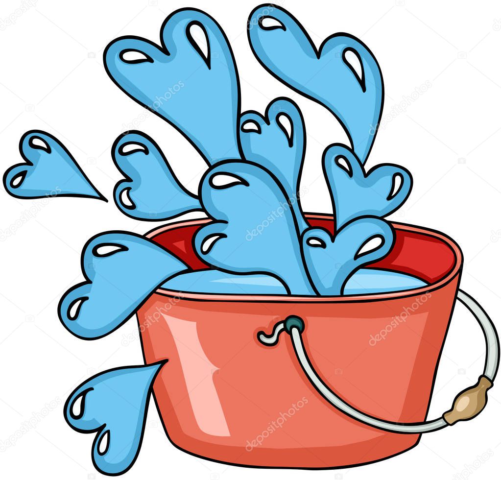 Bucket with water and blue blowing hearts