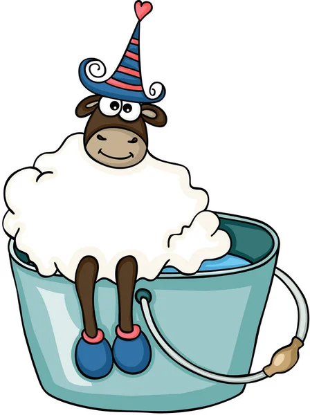 Cute sheep sitting bucket water — Stock Vector