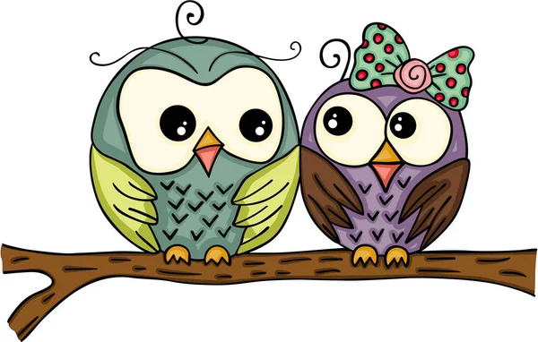 Couple owls on branch — Stock Vector