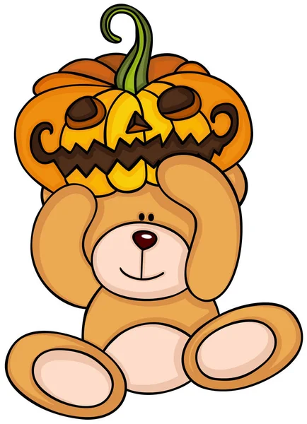 Teddy bear holding halloween pumpkin — Stock Vector