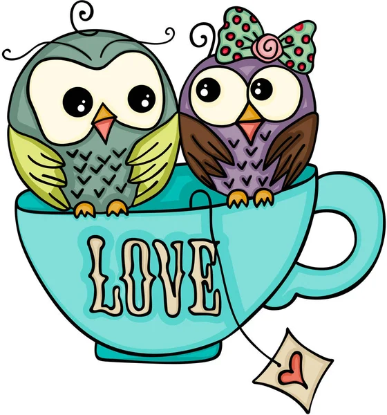 Couple hiboux sur le dessus de tasse de thé amour — Image vectorielle