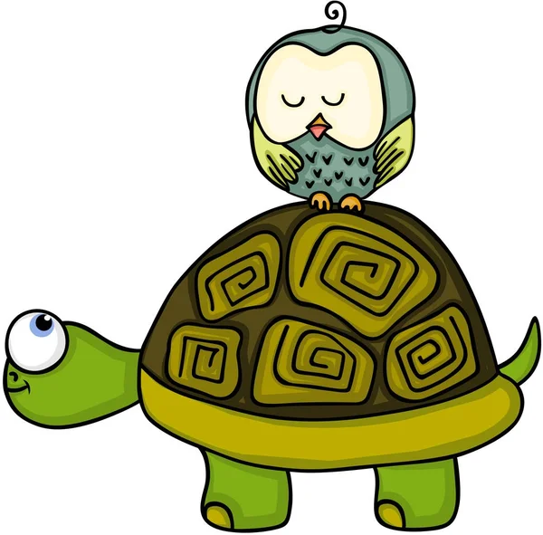 Turtle met schattige uil slapen — Stockvector