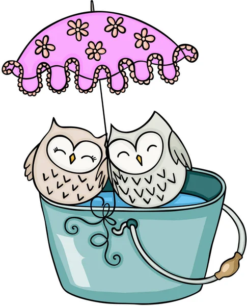 Drăguț cuplu bufniță cu umbrelă pe găleată de apă — Vector de stoc