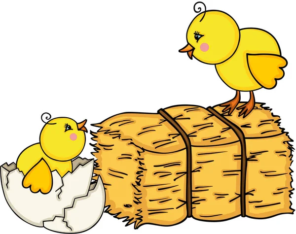 Little chicks with bale of hay — Stock Vector