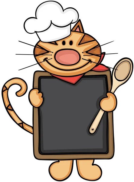 Kat chef kok holding een schoolbord en houten lepel — Stockvector