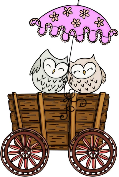 Couple owls with umbrella on wooden trolley — Stock Vector