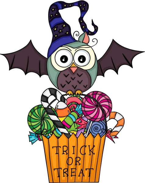 Búho de Halloween con truco o tratar bolsa llena de caramelos — Archivo Imágenes Vectoriales