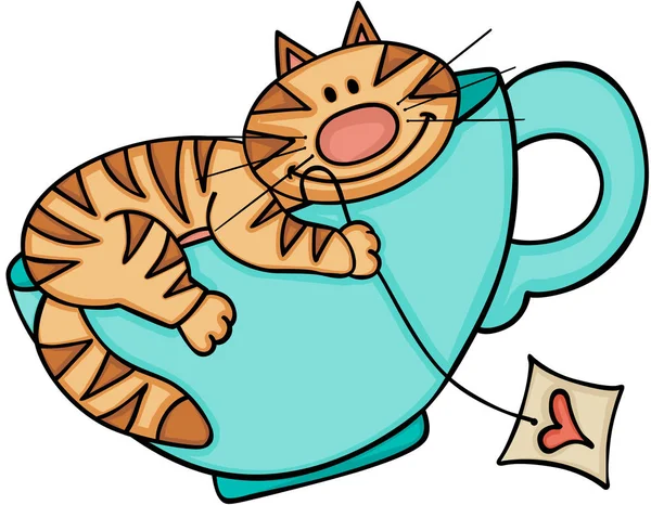 Happy cat on blue cup of tea — Stock Vector