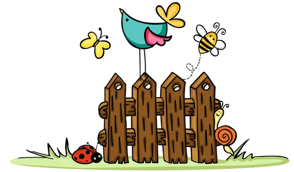 Wooden fence with bird and bugs — Stock Vector