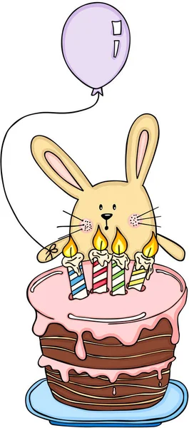 Lustiges Kaninchen mit Luftballon und Geburtstagstorte — Stockvektor