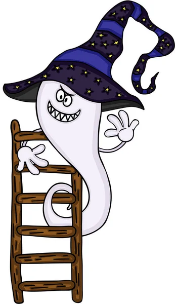 Fantasma de Halloween con escalera de madera — Vector de stock