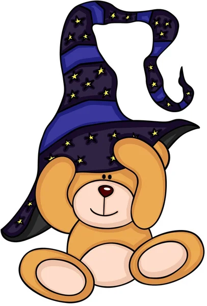 Teddy bear putting on a witch hat — Stock Vector