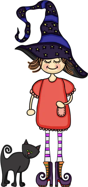Girl dressed as a witch with a black cat — Stock Vector