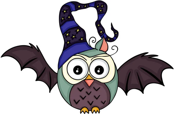 Halloween vleermuis uil met hoed van de heks — Stockvector