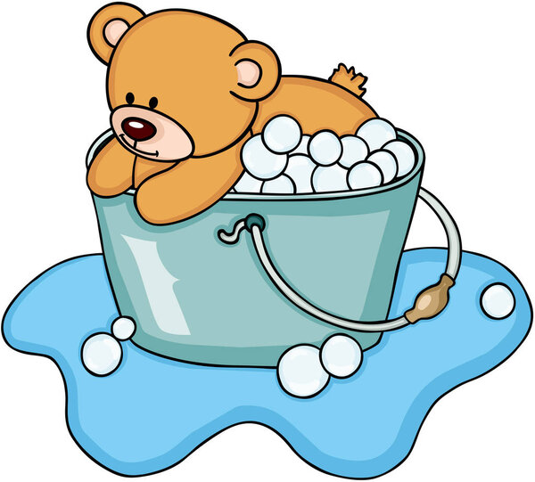 Teddy bear taking a bubble bath