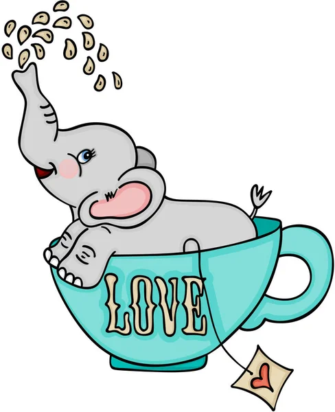 Lindo elefante en taza de té amor — Vector de stock