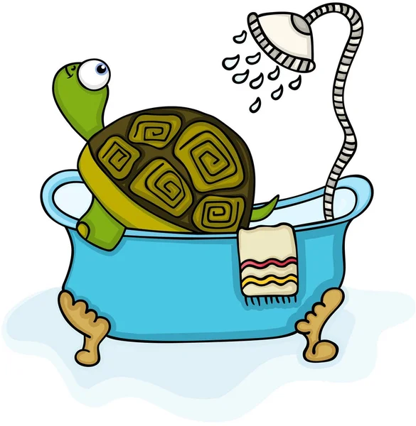 Linda tortuga en la bañera con ducha — Vector de stock