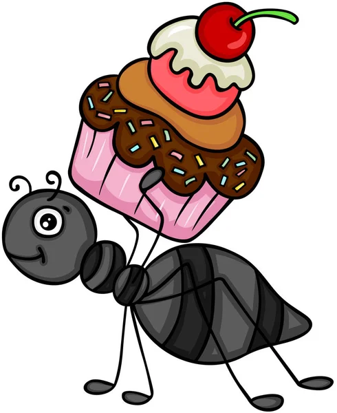 Ant carrying cupcake with cherry on top — Stock Vector