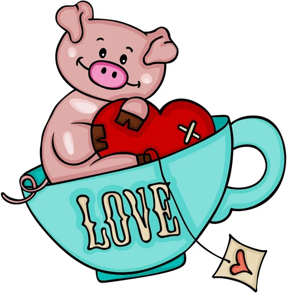 逗人喜爱的猪与心脏里面爱杯子茶 — 图库矢量图片