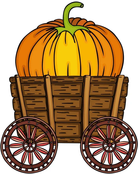Big pumpkin in wooden troley — Stock Vector