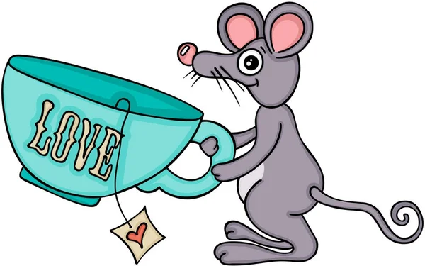 逗人喜爱的老鼠运载的爱杯子茶 — 图库矢量图片