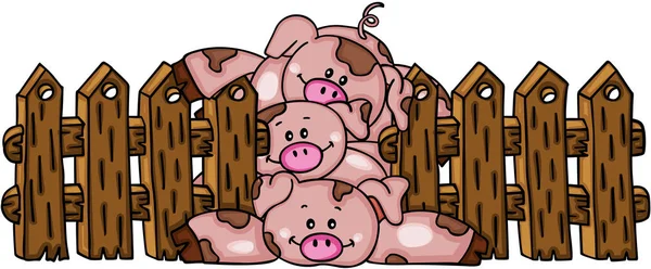 Stapel drie piggies met houten hek — Stockvector