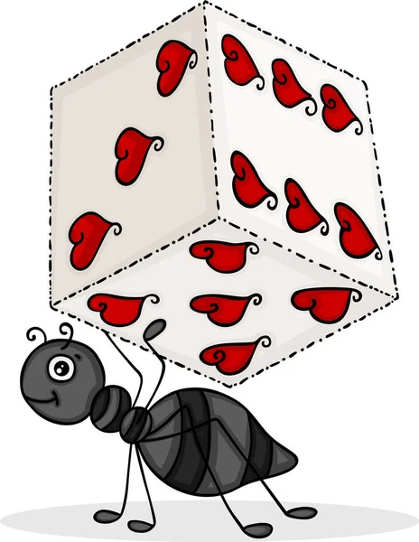 Ant carrying dice with hearts — Stock Vector