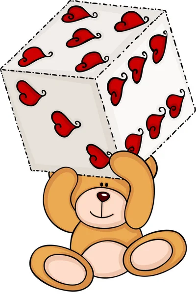 Teddy bear holding dice with hearts — Stock Vector