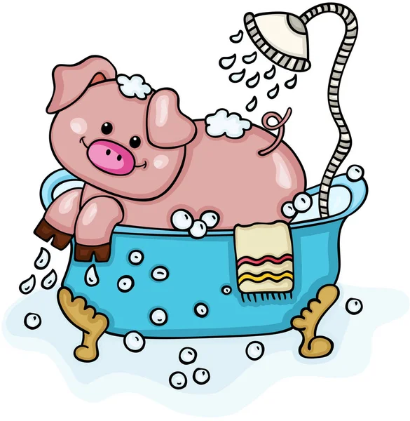 Happy pig in bathtub with shower — Stock Vector