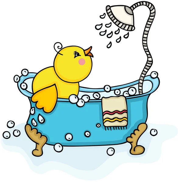 愉快的黄色小鸡在浴缸与阵雨 — 图库矢量图片