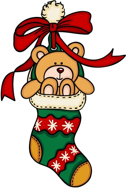 Christmas stocking met teddybeer — Stockvector