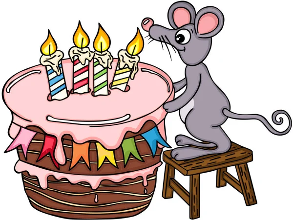 Glückliche Maus mit großer Geburtstagstorte — Stockvektor