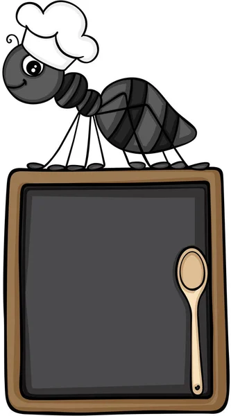 Chef fourmi avec menu de restaurant et cuillère en bois — Image vectorielle