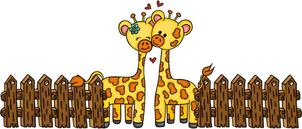 Mignon couple girafe avec clôture en bois — Image vectorielle