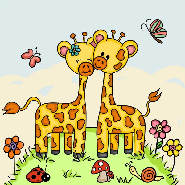 Cute couple giraffe  in a forest background — Stock Vector
