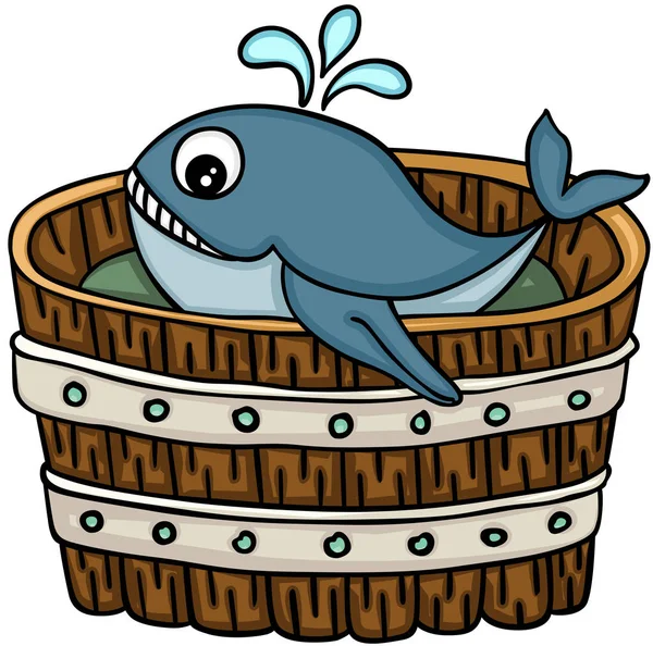 木製の浴槽でかわいいクジラ — ストックベクタ