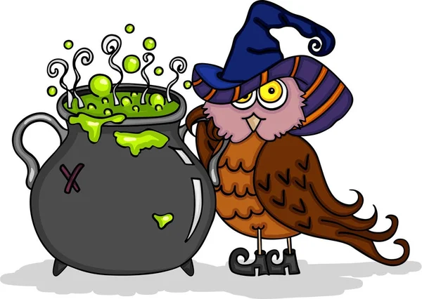Halloween coruja bonito com caldeirão bruxa — Vetor de Stock