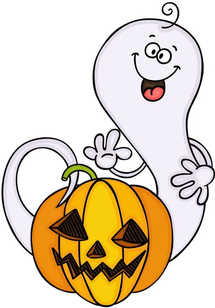 Schattig ghost met Halloween pompoen — Stockvector