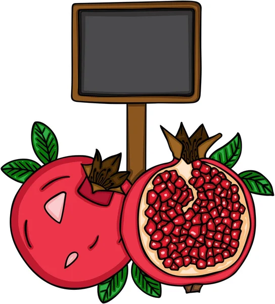 Fresh pomegranate with a wooden signboard — Stock Vector