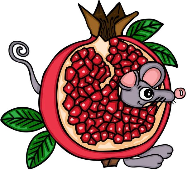 Schattige muis met granaatappel fruit — Stockvector