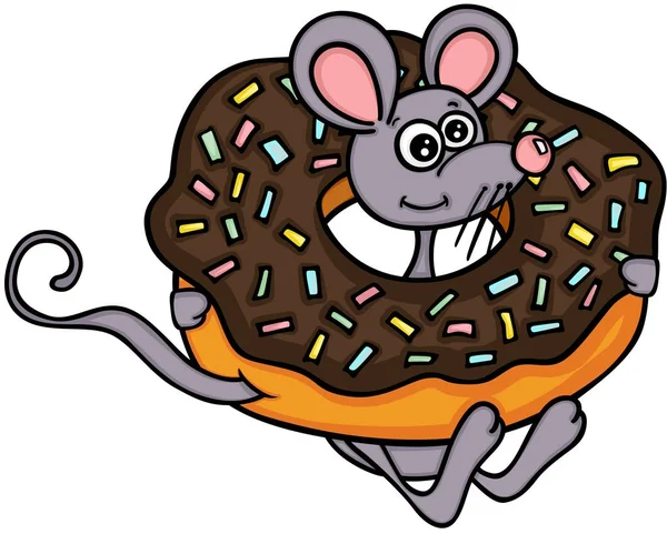 Roztomilá myš s čokoládový dort donut — Stockový vektor