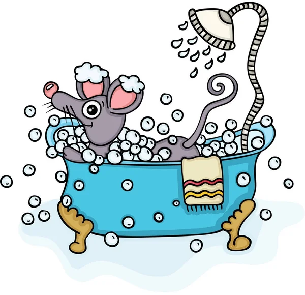 Cute mouse in bathtub with shower — Stock Vector