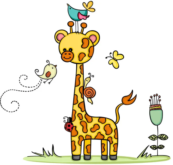 Girafe Dans Jardin Avec Des Amis Animaux — Image vectorielle