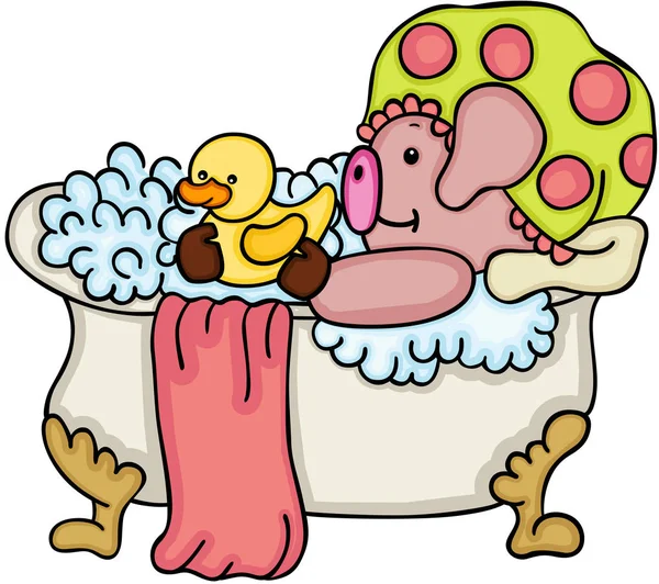 Cute Pig Taking Bath Shower Duck — Stockvector