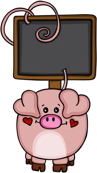 可爱的爱猪与空白的木招牌 — 图库矢量图片