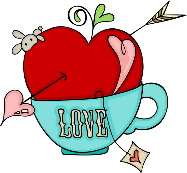 Amour Pomme Rouge Cupidon Sur Une Tasse Thé — Image vectorielle