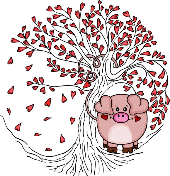Lindo Cerdo Con Árbol Amor — Vector de stock
