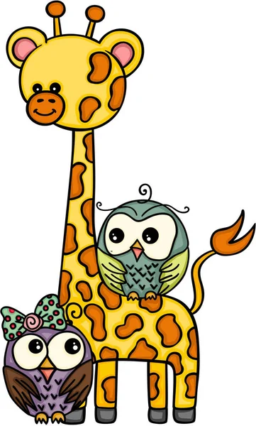 Girafe Mignonne Avec Deux Hiboux — Image vectorielle