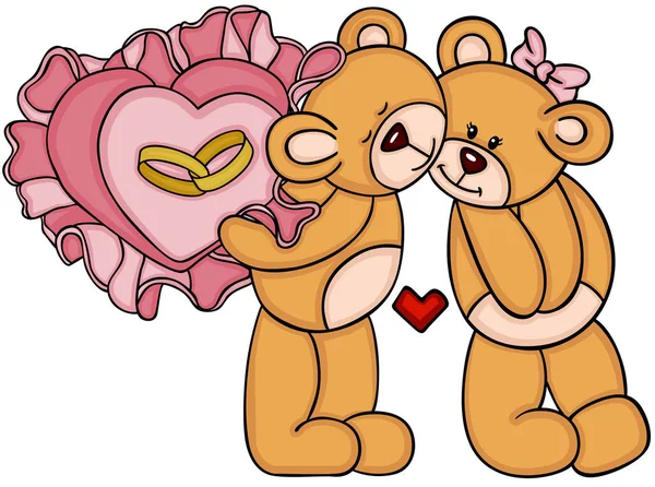 Teddybären Mit Eheringen Auf Herzkissen — Stockvektor