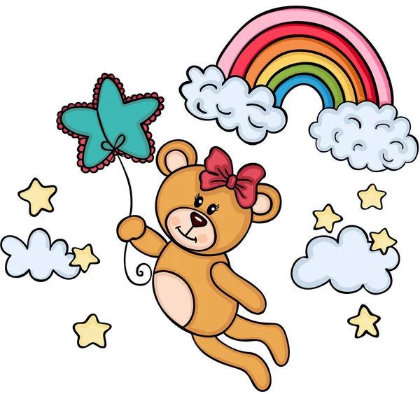 虹と空の星型バルーンで飛ぶテディベアの女の子 — ストックベクタ